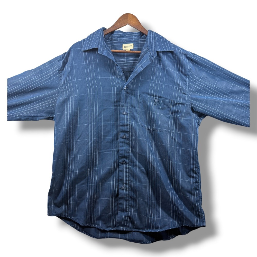 Haggar Mens Blue Plaid Long Sleeve Button Down Shirt Large Pocket 1534